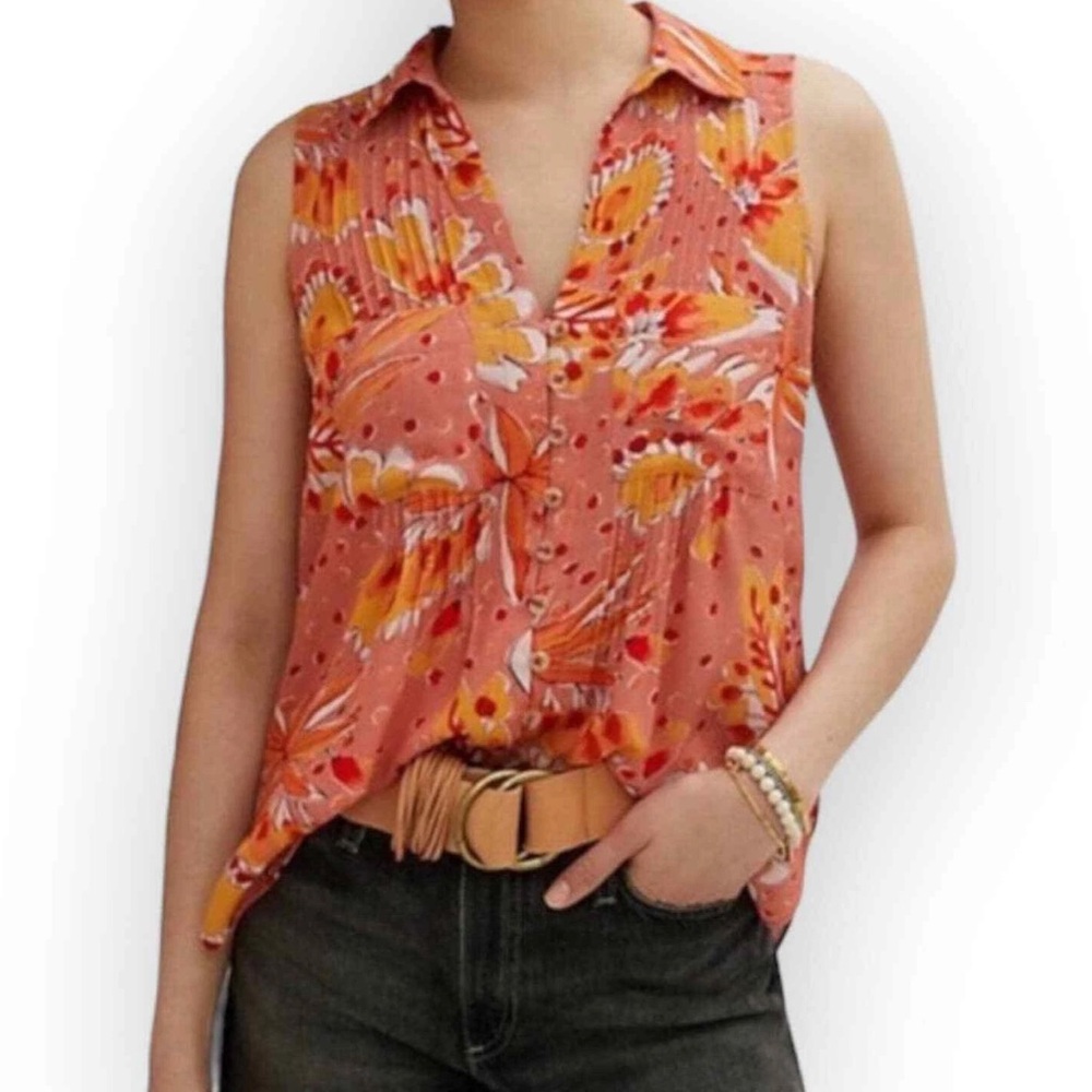 Anthropologie Pink Pleated Notched Collar Blouse